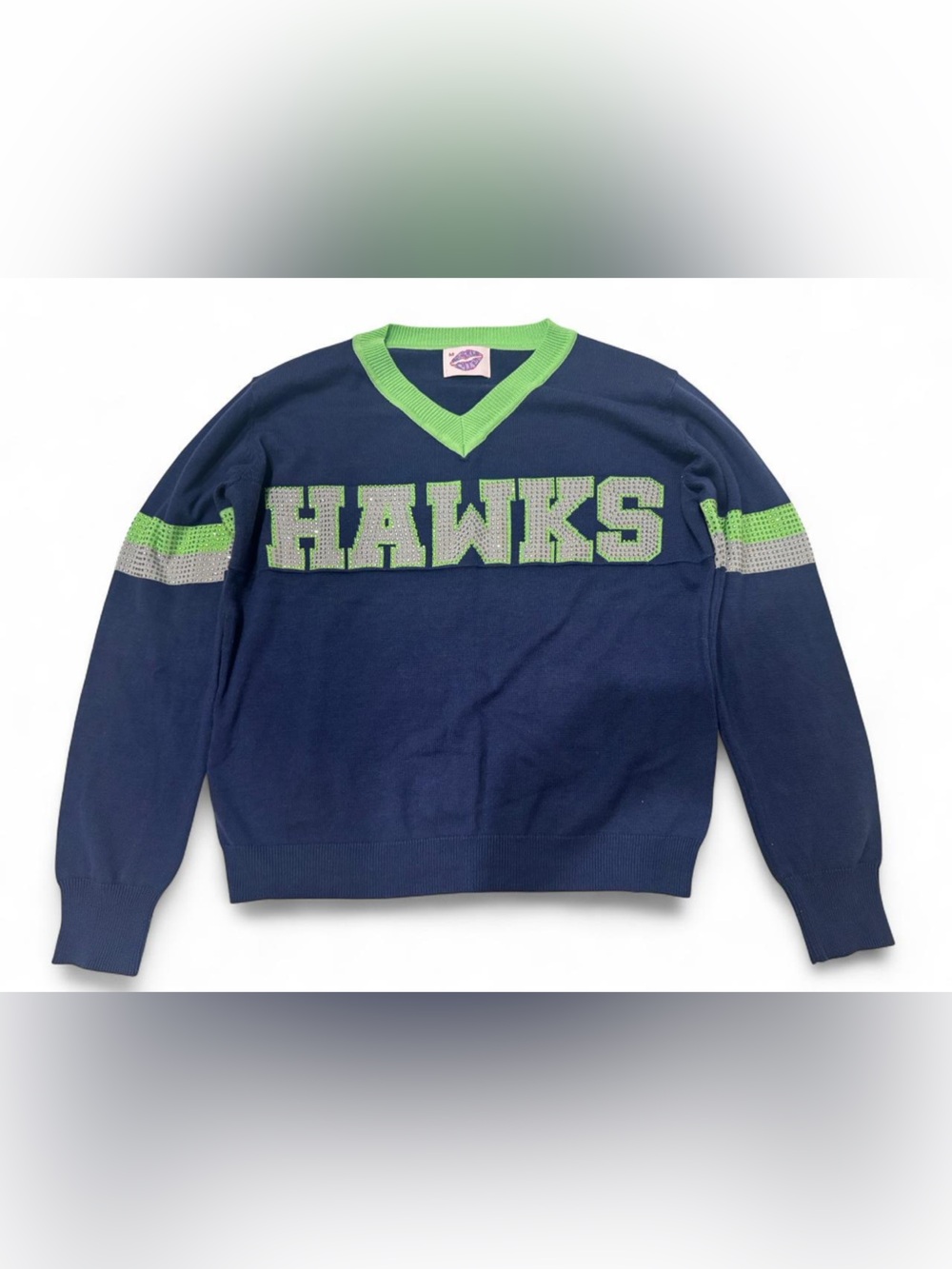 Sparkle City Seattle Seahawks navy blue sweater with green and silver sequence
